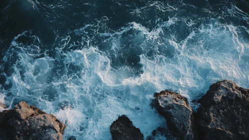 Overhead view captures wave turbulence impacting coastal rock shelf