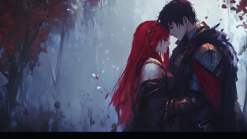 Moody digital painting depicts armored lovers in misty forest