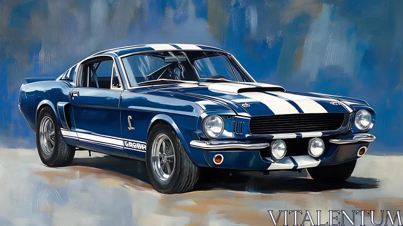 Iconic blue muscle car rendered in dynamic oil strokes.