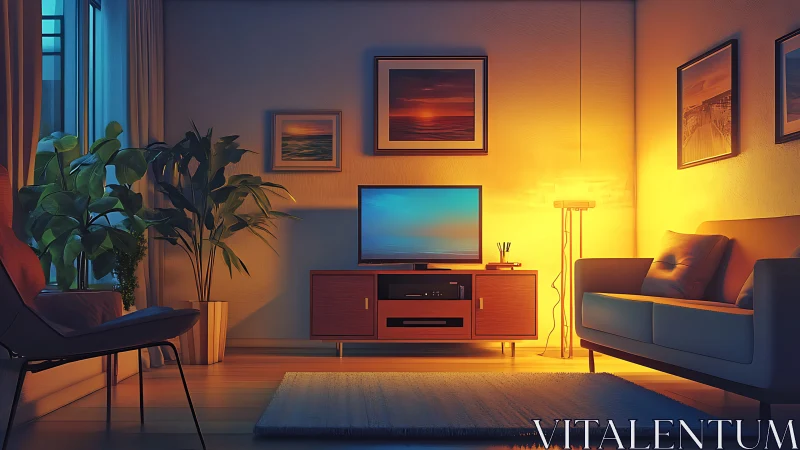 Living room interior shows mixed warm and cool lighting balance