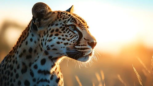 Leopard profile glows in golden backlit savanna sunset.