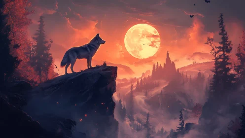 Lone ember wolf greeting a colossal moon over misted pines.