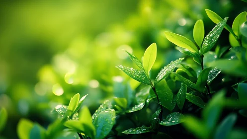 Morning dew on fresh green leaves in soft golden sunlight.