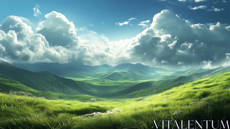 Volumetric clouds over luminant procedural grass valleys.