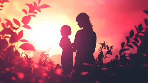 Silhouetted mother and child in vivid sunset garden glow.