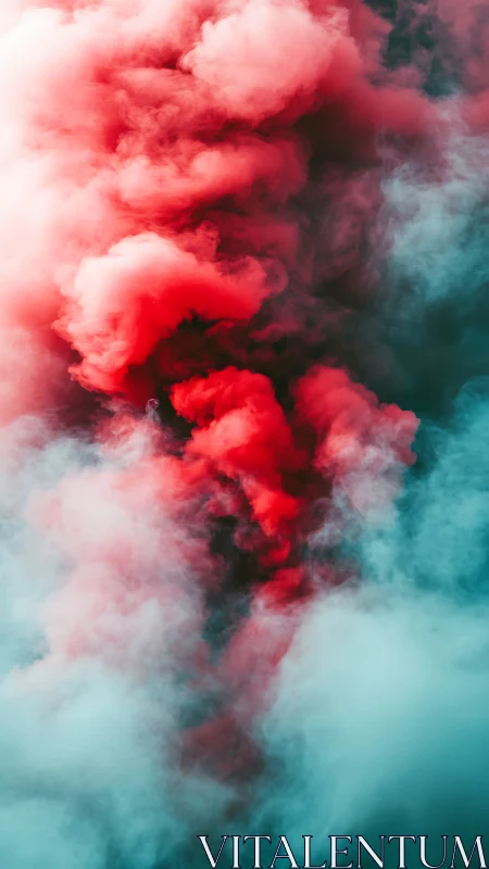 Crimson smoke blooms through teal mist in bold color storm.