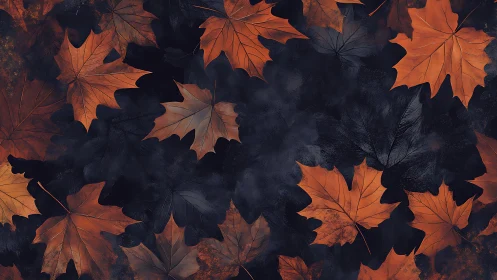 Overhead pattern of orange maple leaves on dark ground.
