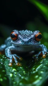 Neon-eyed rainforest frog perched on dew-bright jungle leaf.