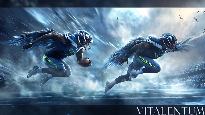 Dynamic twin rushers with motion-blurred wings in storm-lit stadium