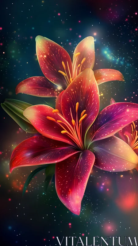 Luminescent Lily Blooms Among Cosmic Particles.
