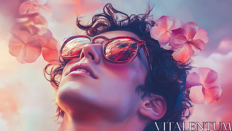 Sunlit dreamer crowned in petals and neon sky reflections.