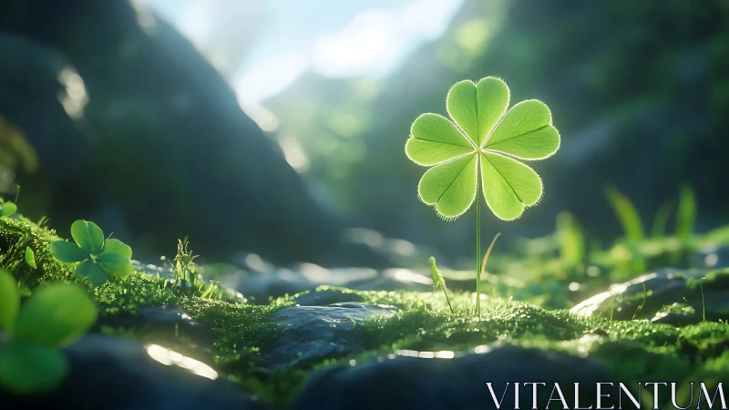 Multi-leaf clover in backlit forest floor close-up view.