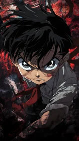 Battle-scarred anime boy pushes forward through chaos.