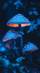 Enchanted blue forest mushrooms glowing in the night.