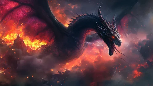 Fire-breathing dragon soaring through a burning sky.