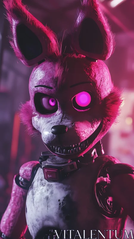 Pink cyber bunny animatronic glowing in neon shadows.