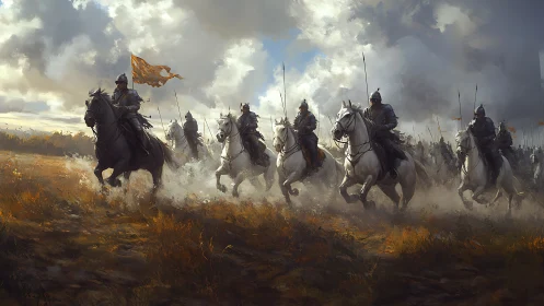 Armored cavalry charge across sunlit battlefield plains.