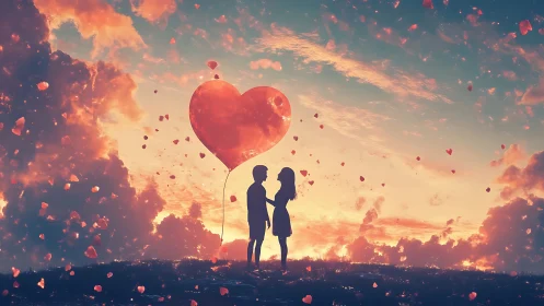 Silhouetted couple holding oversized red heart-shaped balloon against dramatic golden-orange sunset 