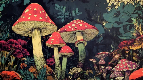 Whimsical red mushrooms glowing softly in a storybook forest.