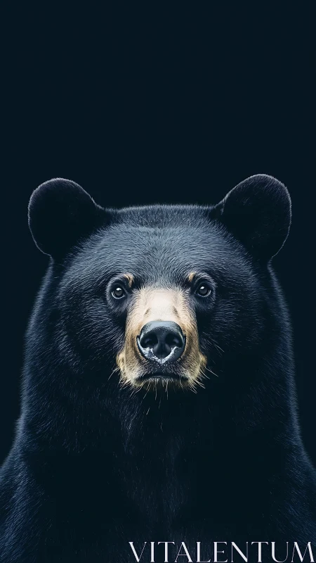 Front-facing black bear portrait on deep black seamless backdrop