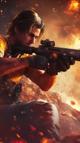 Battle-hardened rifleman aims under blazing firestorm sky.