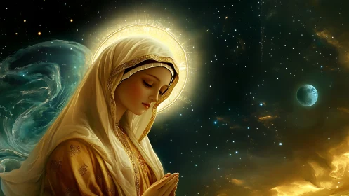 Star-veiled saint adrift in a golden cosmic hush.