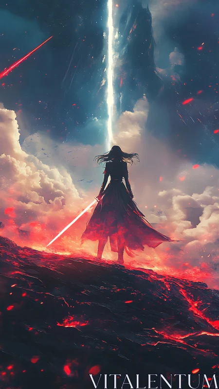 Lone warrior with energy blade beneath cosmic rift.