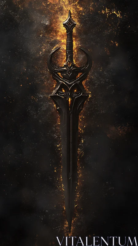 Demonic black sword burns amid embers and rising smoke.