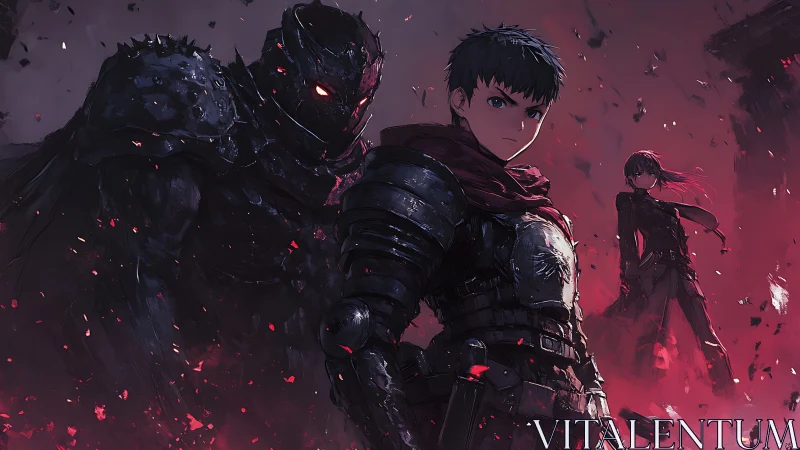 Courageous anime warriors stand strong in a fiery twilight.