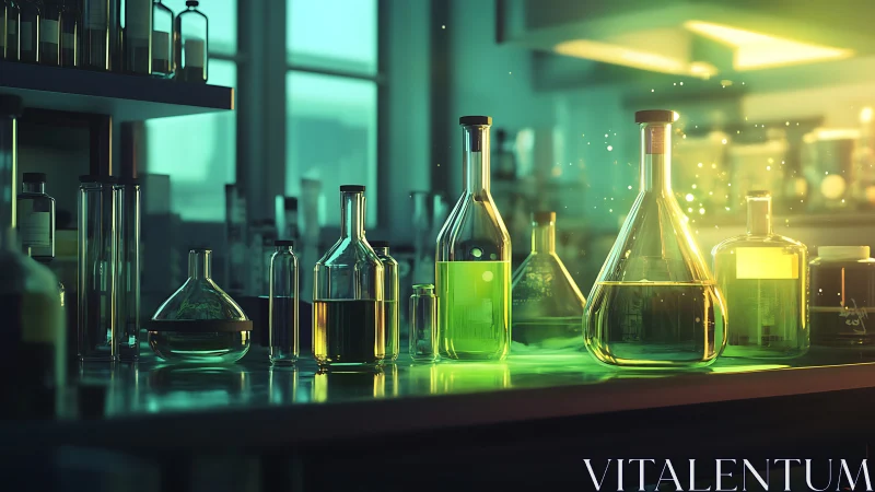 Glowing lab glassware bathed in soft green and gold light.