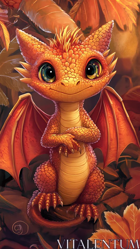 Bright eyed baby dragon waits calmly in autumn leaves