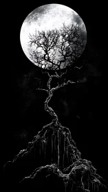 Moonlit skeletal tree reaches upward in quiet midnight silence