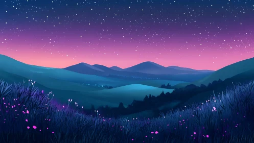Twilight hills hum softly beneath a candy-glow starfield