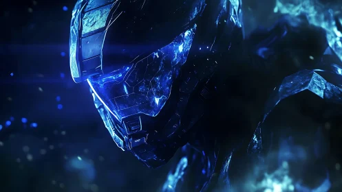 Armored cyber warrior emerges through electric blue void