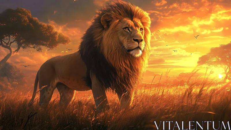 Majestic lion standing over golden savanna sunset scene.