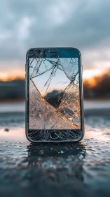 Broken smartphone standing on wet surface at sunset.