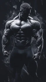 Hyperreal muscular male silhouette stands in dramatic shadows