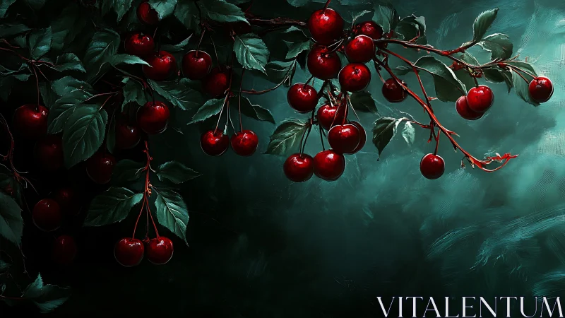 Glistening red cherries glow gently against a deep teal night