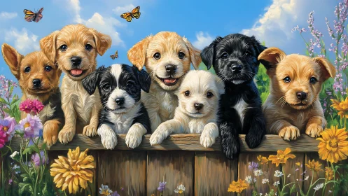 Seven colorful puppies lean over rustic fence in flower field