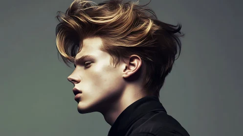 Profile portrait with dynamic windswept blonde hair flow.
