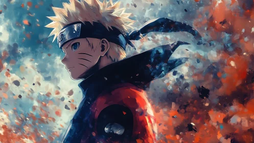 Storm-lit ninja strides through swirling ember sky.