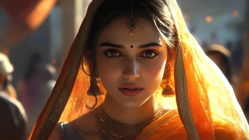 Digital portrait with volumetric light on veiled subject face.