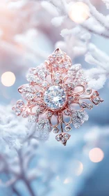 Rose gold diamond snowflake pendant on frosted branch.