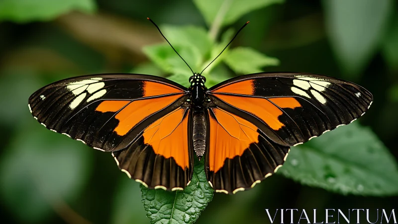 Orange and black butterfly resting on green foliage outdoors.
