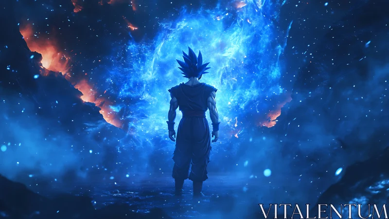 Lone anime warrior before swirling cosmic blue portal.