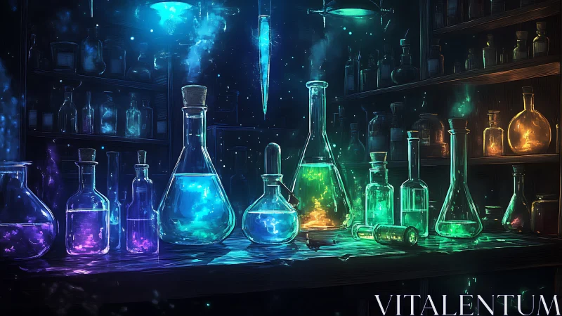 Laboratory glassware displays luminous colored liquids on bench