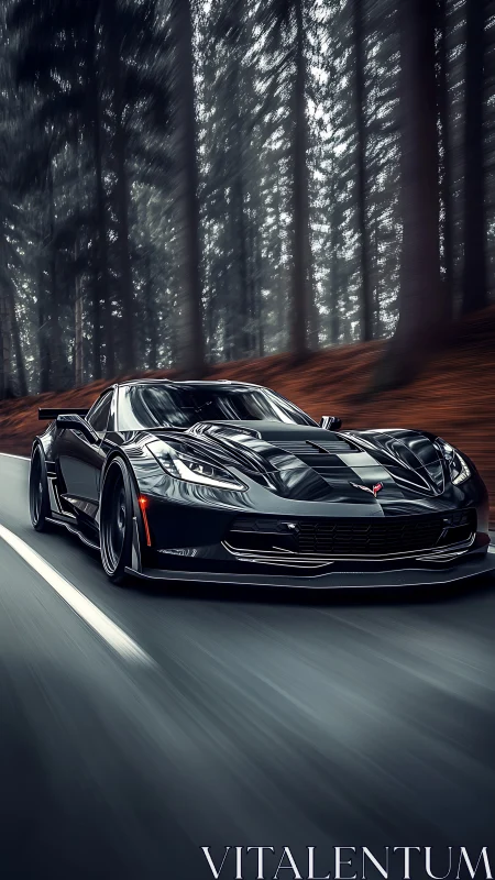 Black sports coupe on forest road in motion blur scene.