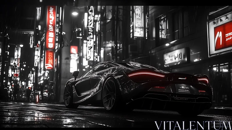 Supercar under neon rain in noir urban nightscape.