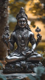 Shiva statue sits cross-legged outdoors with intricate ornaments