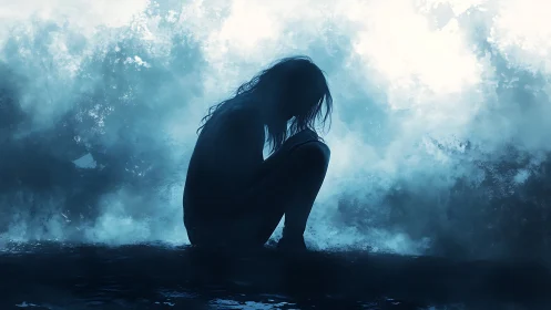 Silhouetted seated figure is framed against turbulent blue mist